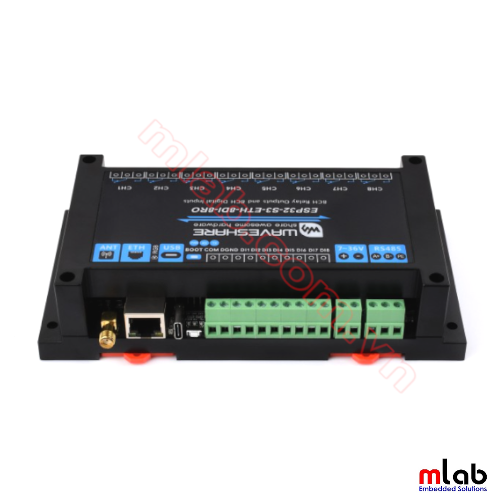 Bộ IO Công nghiệp 8-ch ESP32-S3 WiFi, RS485, 8 DI + 8 DO Relay, Ethernet Port, Modbus Support