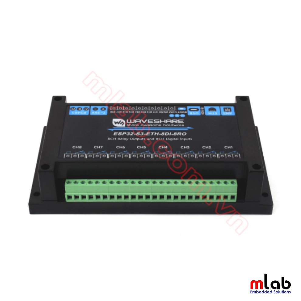 Bộ IO Công nghiệp 8-ch ESP32-S3 WiFi, RS485, 8 DI + 8 DO Relay, Ethernet Port, Modbus Support