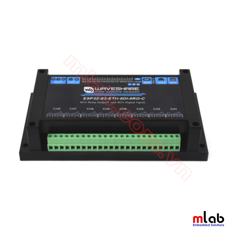 Bộ IO Công nghiệp 8-ch ESP32-S3 WiFi, CAN, 8 DI + 8 DO Relay, Ethernet Port