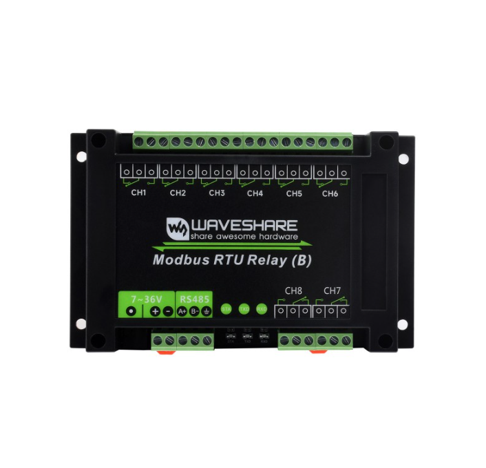 Industrial Modbus RTU 8-ch Relay Module (B) with RS485 Interface, Multi Isolation Protection Circuits, 7~36V Power Supply