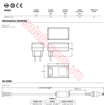 Nguồn chuẩn 5V/4A, OD 5.5mm, ID 2.1mm, EU Plug, CUI Inc dành cho Small AI Computer NVIDIA Jetson Nano